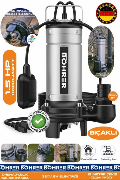 BÖHRER BIÇAKLI 1.1 Kw 1.5 HP 220V Demir Drenaj Logar Pis Su Parçalayıcılı Çelik Gövde Dalgıç Tahliye Pompas ürün görseli 1