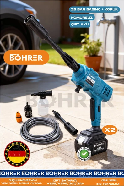 BÖHRER ALMAN PRO 35 BAR ÇİFT AKÜLÜ 36V 5AH YENİ NESİL ARAÇ OTO YIKAMA BAHÇE SULAMA İLAÇLAMA MAKİNESİ ürün görseli 1