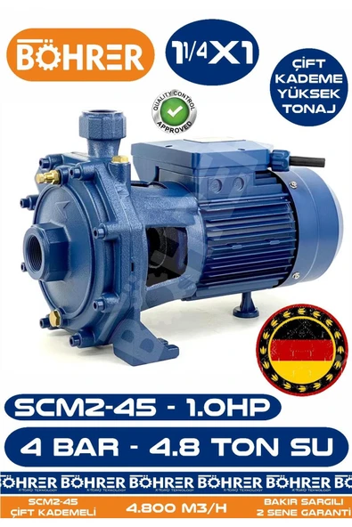 BÖHRER Alman SCM2-45 Çift Kademeli 1.0 HP 4 Bar 4.8 Ton Su - Kademeli Su Pompası - Bakır Sargılı - Su Motor ürün görseli 1