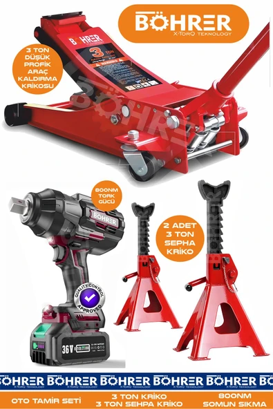 BÖHRER 4 MAKİNE OTO TAMİR SETİ -800NM SOMUN SIKMA BİJON SÖKME MAKİNESİ - 2 ADET 3 TON TAŞINABİLİR STANT KRİ ürün görseli 1