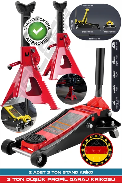 HEİLBER ALMAN 3 TON RED ÇİFT PİSTONLU DÜŞÜK PROFİL GARAJ ZEMİN KRİKOSU + 2 ADET 3 TON TUTUCU STAND KRİKO ürün görseli 1