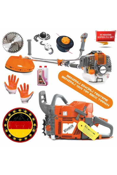 BÖHRER Alman 15 Hp/h Yan Tipi Benzinli Ot Çalı Tırpanı Biçme Makinesi + Benzinli 20'' 55cm Hızar Testeresi ürün görseli 1