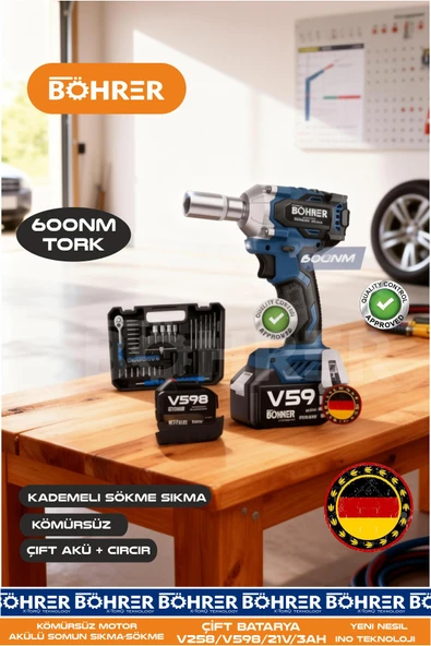 BÖHRER ALMAN DESİGNE 600 NM +CIRCIR 40 PARÇA ÇİFT AKÜLÜ KÖMÜRSÜZ AKÜLÜ SOMUN SIKMA SÖKME MAKİNESİ ürün görseli 1