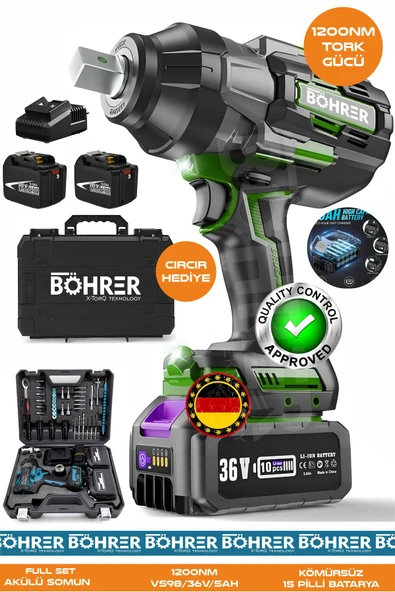 BÖHRER Alman BA01072Y Akülü Somun Sıkma Makinesi | 1200 Nm Tork – 36V 5Ah | Darbeli Lokma – Ağır Hizmet Tip ürün görseli 1