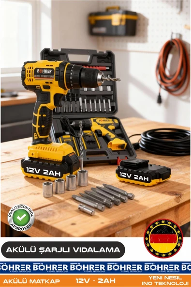 BÖHRER ALMAN DESİGNE BA011144 FULL SET 12V YENİ NESİL ŞARJLI MATKAP AKÜLÜ VİDALAMA MATKAP - ÇİFT BATARYA ürün görseli 1