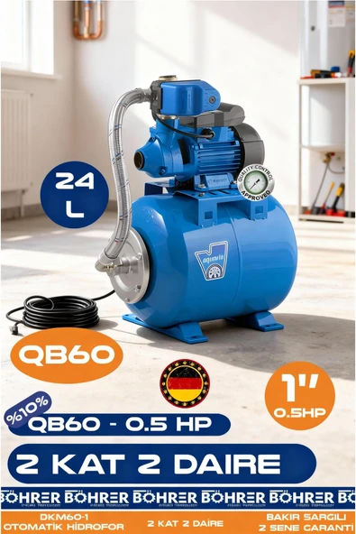 BÖHRER 2 KAT 2 DAİRE - 0.5 HP YATAY 24L GENLEŞME TANKLI BAHÇE VE EV TİPİ OTOMATİK HİDROFOR SİSTEMİ ürün görseli 1