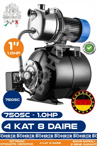 BÖHRER Alman JET750SC 0.75 KW 24L Yatay Genleşme Tank -- Otomatik Hidrofor Bina Bahçe Su Pompası – 4 Kat 8 ürün görseli 1