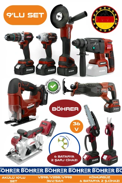 BÖHRER Alman 9 Makine Kombo Set BA01083K 6 Akülü 2 Şarjlı Kömürsüz V598 5Ah Profesyonel - RED KIRMIZI ürün görseli 1