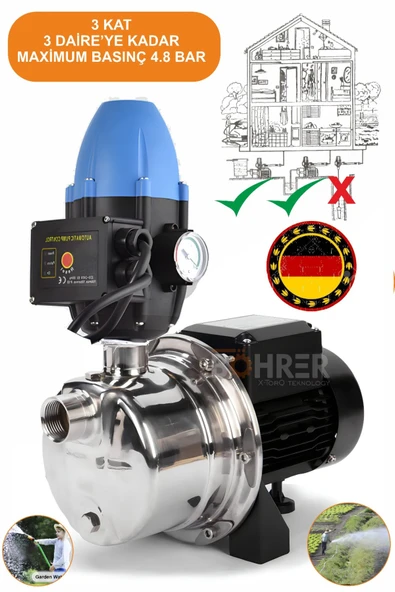 BÖHRER Bakır Sargılı 4 Kat 3 Daire 1 Hp Otomatik Musluk Aç Kapa Hidrofor Su Pompası Motoru Hidromat ürün görseli 1