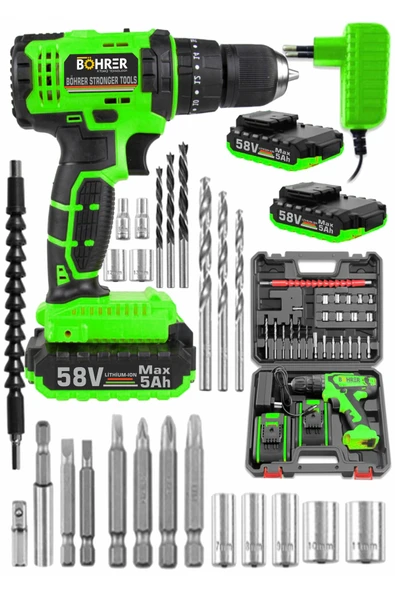 BÖHRER Böhr 58v 5 Ah Pro Hummer Green Çift Akülü Yüksek Torq +24 Vidalama Şarjlı Matkap Set ürün görseli 1