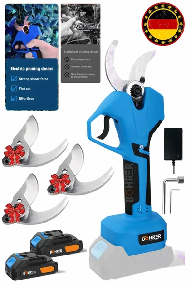 BÖHRER V258 5ah 25mm Çift Kademeli Kömürsüz Blue Akülü Budama Makası Ve Budama Makinesi +3 Bıçak Takımı ürün görseli 1