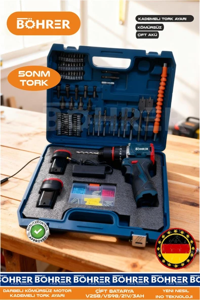 BÖHRER PRO KÖMÜRSÜZ ÇİFT AKÜLÜ RAHAT KULLANIM 21V 3AH YENİ MODEL ARMUT TİP ŞARJLI AKÜLÜ VİDALAMA MATKAP ürün görseli 1