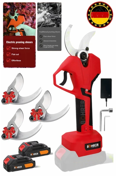 BÖHRER V258 5ah 25mm Çift Kademeli Kömürsüz Red Akülü Budama Makası Ve Budama Makinesi +3 Bıçak Takımı ürün görseli 1