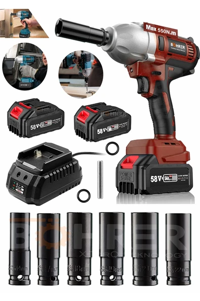 BÖHRER Akülü Darbeli Anahtar Fırçasız Red 1/2 Inç Yüksek Torklu Somun Sıkma 2x 5.0ah Pil + 5 Soket Takımı ürün görseli 1