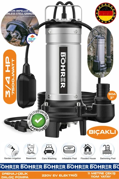 BÖHRER BIÇAKLI 3/4 Kw 1.0 HP 220V Demir Drenaj Logar Pis Su Parçalayıcılı Çelik Gövde Dalgıç Tahliye Pompas ürün görseli 1