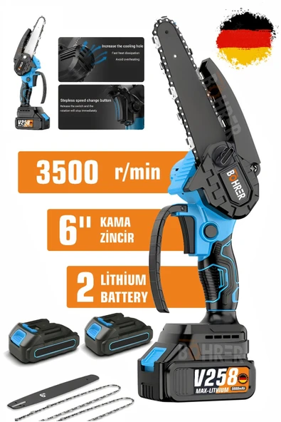BÖHRER V258 Akülü Testere,Blue İki Akülü Zincirli Testere,Ağaç Budama İçin 6 İnç El Tipi Akülü Testere ürün görseli 1