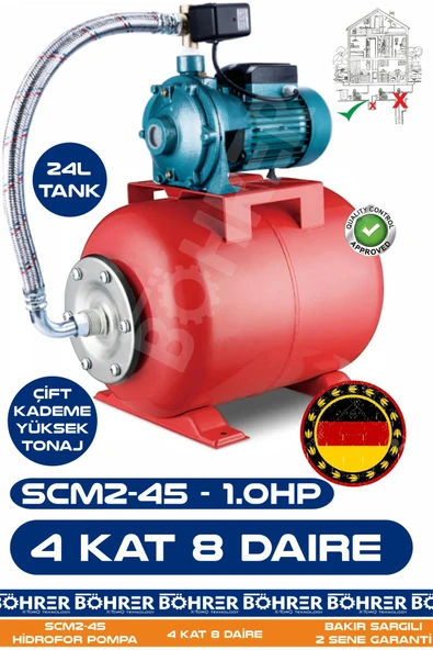 BÖHRER SCM2-45 1.0 HP Çift Kademeli 24L Yatay Genleşme Tank -- Otomatik Hidrofor Bina Bahçe Su Pompası – 4 ürün görseli 1