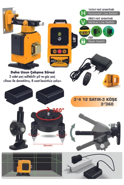 BÖHRER TELEFON BAĞLANTILI 12 SATIR 3 KÖŞE 360* 2 BATARYALI PROFESYONEL YEŞİL LAZER HİZALAMA MAKİNESİ ürün görseli 1