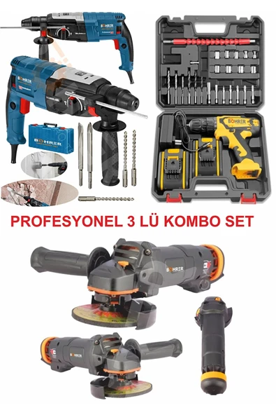 BÖHRER Ultra 3 Lü Set 2100 W Taşlama + 2450 W Kırıcı Delici Hilti + 58 V Full Setli Şarjlı Matkap ürün görseli 1