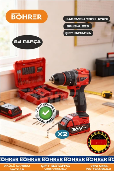 BÖHRER ÇİFT BATARYA YENİ MODEL 36V 3AH PRO SERİ DARBELİ TORKLU VİDALAMA ŞARJLI MATKAP ürün görseli 1