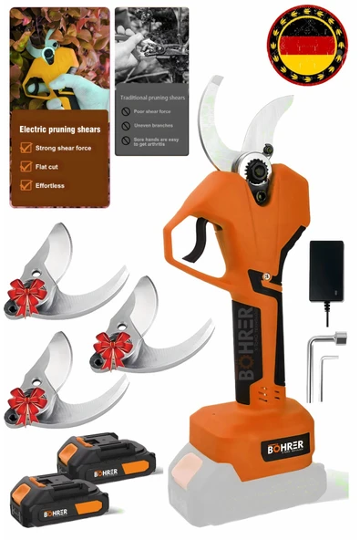 BÖHRER V258 5ah 25mm Çift Kademeli Kömürsüz Orange Akülü Budama Makası Ve Budama Makinesi +3 Bıçak Takımı ürün görseli 1