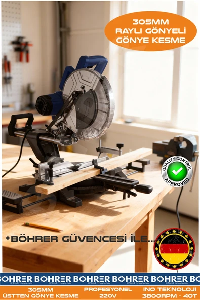 BÖHRER 305MM 1800W 3800RPM RAYLI AHŞAP PARKE LAMİNE GÖNYE KESME MAKİNESİ ürün görseli 1