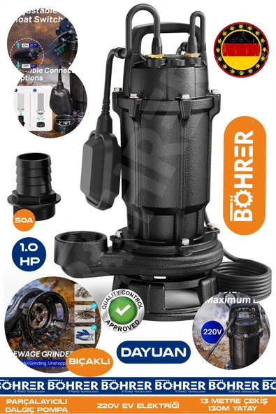 BÖHRER BIÇAKLI Alman 0.75 Kw 1.0 HP 220V Ultra Kalite Demir Drenaj Logar Pis Su Parçalayıcılı Çelik Gövde D ürün görseli 1