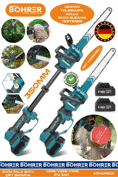 BÖHRER BA011139M ÇİFT AKÜLÜ TELESKOPİK UZATMA ÖZELLİKLİ 12 İNÇ 30CM ORJİNAL 21V 3AH AKÜLÜ BUDAMA TESTERESİ ürün görseli 1