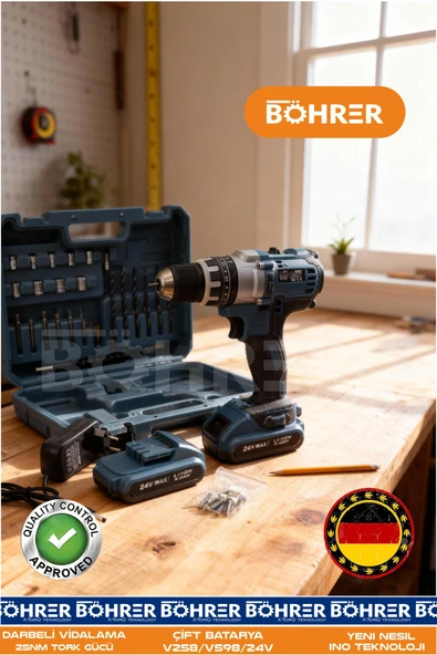 BÖHRER AKÜLÜ XR MODEL 5 PİLLİ ÇİFT AKÜLÜ 24 PARÇA DARBELİ ŞARJLI VİDALAMA MATKAP ürün görseli 1