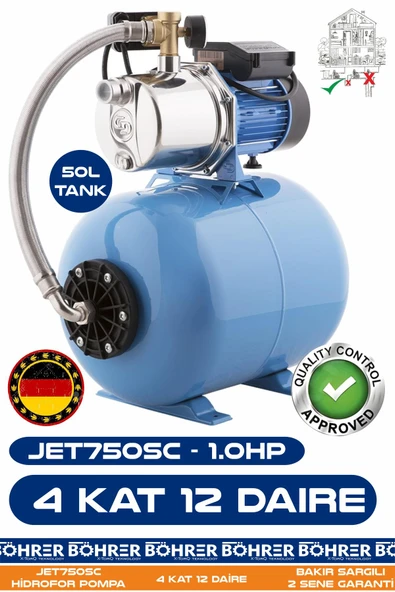 BÖHRER JET750SC 1.0 HP Paslanmaz Giriş Çıkış 50L Yatay Genleşme Tank -- Otomatik Hidrofor Bina Bahçe Su Pom ürün görseli 1
