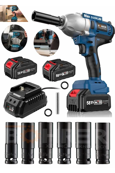 BÖHRER Akülü Darbeli Anahtar Fırçasız Blue 1/2 Inç Yüksek Torklu Somun Sıkma 2x 5.0ah Pil + 5 Soket Takımı ürün görseli 1