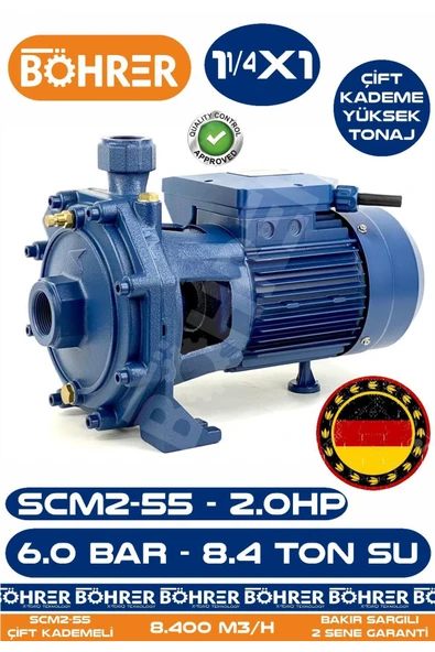 BÖHRER Alman SCM2-55 Çift Kademeli 2.0 HP 6 Bar 8.4 Ton Su - Kademeli Su Pompası - Bakır Sargılı - Su Motor ürün görseli 1