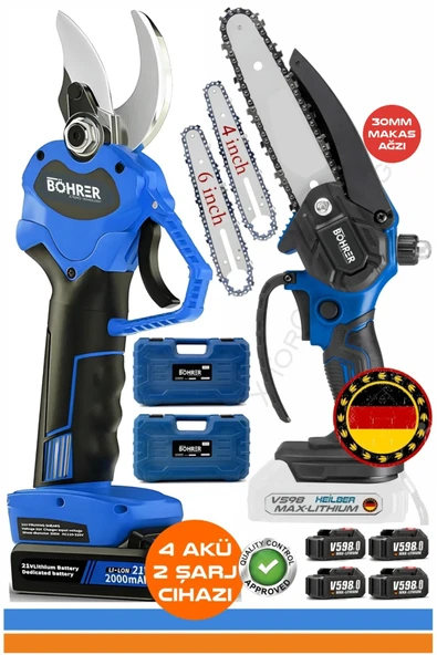 BÖHRER Alman Blue V598 2000mAh 30MM Akülü Budama Makası + 15 CM Akülü Budama Testeresi, +4 Adet Batarya ürün görseli 1