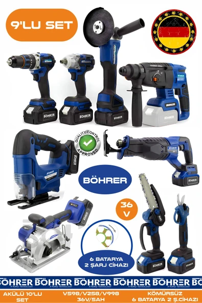 BÖHRER Alman 9 Makine Kombo Set BA01083M 6 Akülü 2 Şarjlı Kömürsüz V598 5Ah Profesyonel -BLUE MAVİ ürün görseli 1