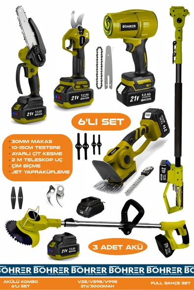 BÖHRER 6 İN 1 BA011289S AKÜLÜ BAHÇE SETİ -YAPRAK ÜFLEME - MAKAS - TESTERE - TELESKOP KOL - ÇİT KESME - AKÜL ürün görseli 1