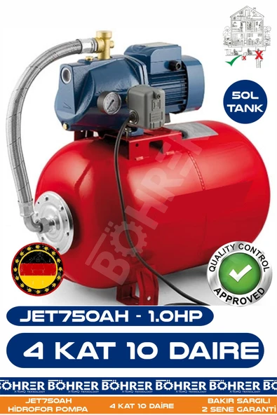 BÖHRER JET750AH 1.0 HP 50L Yatay Genleşme Tank Otomatik Hidrofor Bina Bahçe Su Pompası 4 Kat 10 Daire ürün görseli 1