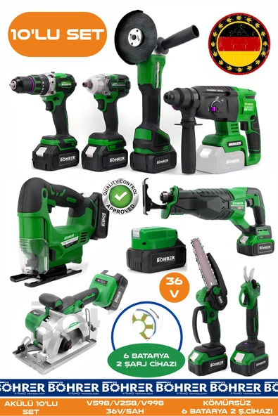 BÖHRER Alman 10 Makine Kombo Set BA01082Y 6 Akülü 2 Şarjlı Kömürsüz V598 5Ah Profesyonel - YEŞİL GREEN ürün görseli 1
