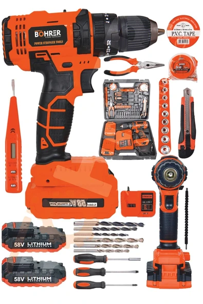 BÖHRER Böhr 58v 5ah Darbeli Metal Şanzıman 32 Parça Full Set Dark Orange Çift Akülü Şarjlı Vidalama Matkap ürün görseli 1