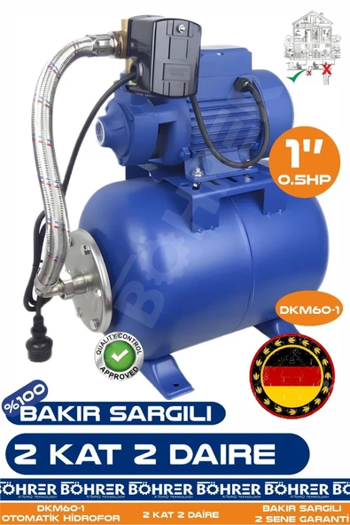 BÖHRER Alman Bakır Sargılı QB60 0.37 KW 0.5 HP 24L Yatay Genleşme Tank -- Otomatik Hidrofor Bina Bahçe Su P ürün görseli 1
