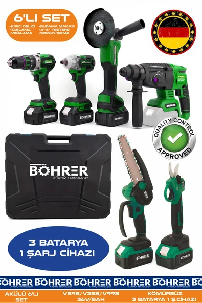 BÖHRER AKÜLÜ 6 LI KOMBO SET BA011133Y, 30MM BUDAMA MAKASI + 10 - 15CM BUDAMA TESTERELİ + TAŞLAMA + KIRICI ürün görseli 1