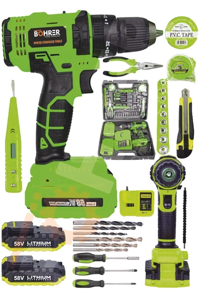 BÖHRER Böhr 58v 5ah Darbeli Metal Şanzıman 32 Parça Full Set Green Çift Akülü Şarjlı Vidalama Matkap ürün görseli 1