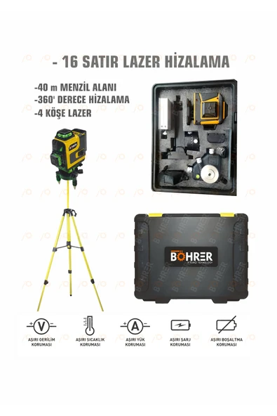 BÖHRER Profesyonel 2x Li-on Batarya 4x360 16 Satır Otomatik Hizalama Çapraz Çizgi Lazer + Kumanda+tripod ürün görseli 1