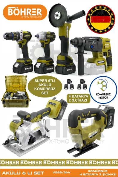 BÖHRER Alman 4 Akülü 2 Şarjlı Kömürsüz V598 5ah Profesyonel 6 Makine Kombo Set ,yellow ürün görseli 1