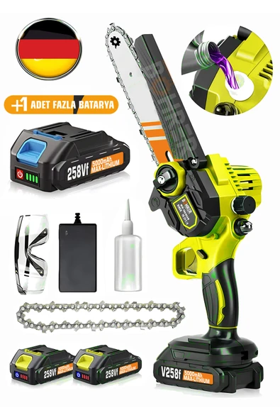 BÖHRER 3 Li-on Batarya , Akülü V258 5000 Mah Yağ Emzikli Yellow Profesyonel Şarjlı Akülü Budama Testeresi ürün görseli 1