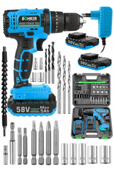 BÖHRER Böhr 58v 5 Ah Pro Hummer Blue Çift Akülü Yüksek Torq +24 Vidalama Şarjlı Matkap Set ürün görseli 1