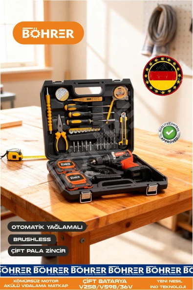 BÖHRER PROFEYONEL PENSELİ + FULL SET YENİ MODEL KÖMÜRSÜZ 36V 5AH ÇİFT BATARYA ŞARJLI AKÜLÜ VİDALAMA MATKAP ürün görseli 1