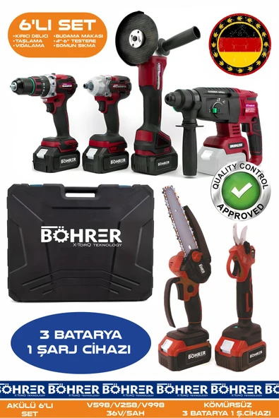 BÖHRER AKÜLÜ 6 LI KOMBO SET BA011133K , 30MM BUDAMA MAKASI + 10 - 15CM BUDAMA TESTERELİ + TAŞLAMA + KIRICI ürün görseli 1