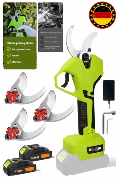 BÖHRER V258 5ah 25mm Çift Kademeli Kömürsüz Green Akülü Budama Makası Ve Budama Makinesi +3 Bıçak Takımı ürün görseli 1