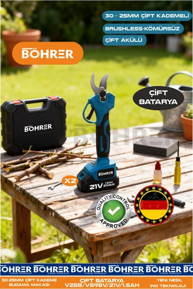 BÖHRER ALMAN DESİGNE ÇİFT KADEMELİ 30MM ÇİFT AKÜLÜ KÖMÜRSÜZ YENİ İNOVASYON ŞARJLI DAL BUDAMA MAKASI ürün görseli 1