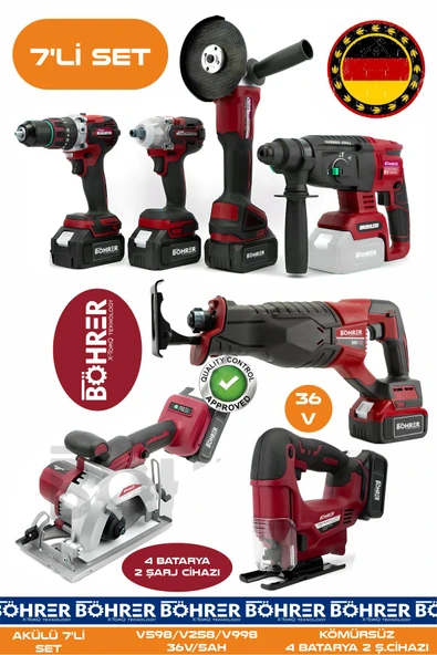 BÖHRER Alman 7 Makine Kombo Set BA01085K 4 Akülü 2 Şarjlı Kömürsüz V598 5Ah Profesyonel -KIRMIZI RED ürün görseli 1